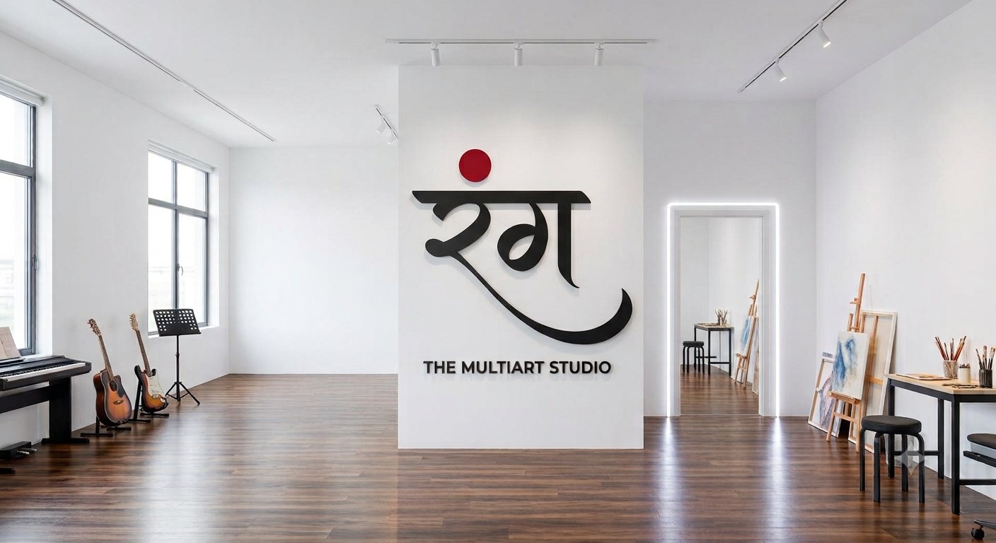 Concept render of the Rang studio: a white room with a wooden floor, the रंग logo on a central wall, a piano and guitars on the left and painting easels on the right.